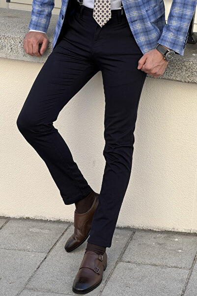 NAZEF Self-Patterned Side Pocket Textured Navy Blue Classic Canvas Cotton Trousers