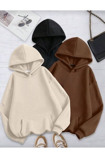 trendgar 3 LU Прав качулат бежов черно кафяв унисекс суитшърт с кенгуру джоб