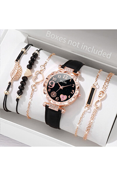 choice2 Black Set No Box 6PCS/Set Fashion Heart Dial Women's Watch Casual Lea...