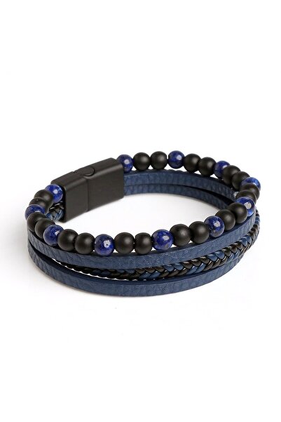 Choice سوار جلدي للرجال من حجر اللازورد بطول 20 سم، سوار جلدي متعدد الطبقات م...