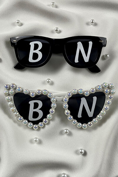 ZEYMERADE Beyaz Janjanlı İncili Kalpli Gelin Ve Damat Gözlük, İkili Bride Akı...