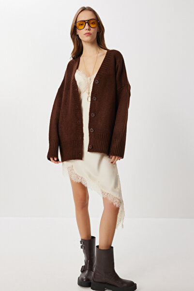 Lovelyİstanbul Oversized Plain Knitwear Cardigan Lnf0027 Brown