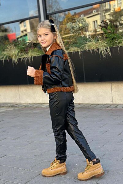 Riccotarz Girl's Black Jacket with Plush Detail on Sleeves and Collar Mock Neck Sweater Leather Bottom Top Set