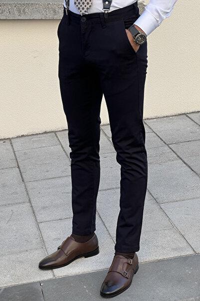 NAZEF Self-Patterned Side Pocket Textured Navy Blue Classic Canvas Cotton Trousers