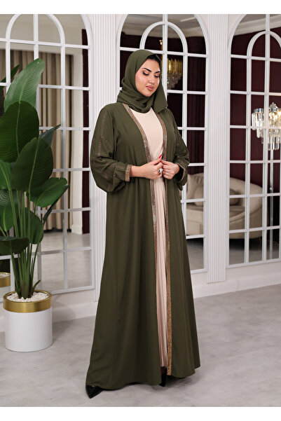 NHMODA Stone Detailed Belted Hijab Evening Dress Two-Piece Set (Including Shawl)
