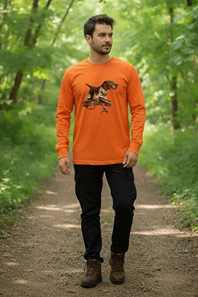WİDİ Hunting Shotguns Labrador Retriever Setter Pointer Printed Orange Crew Neck Long Sleeve T-Shirt