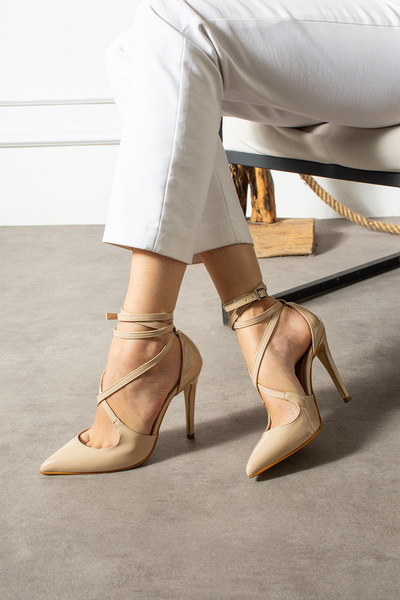 Güllü Shoes Beige Patent Leather Ankle Strap Pointed Toe High Thin Heel Women's Stiletto Shoes