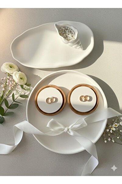 MUMELLA Söz Nişan Tepsi Round and Oval Presentation Tray Set of 2 - Seashell - 2 Risers
