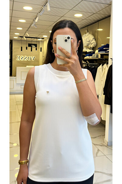 Vosse İndigo Beyaz Sıfır Kollu Fitilli Bluz