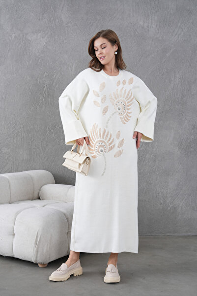 Miss Allos Women's Front Beaded Wide Fit Long Knitwear Dress