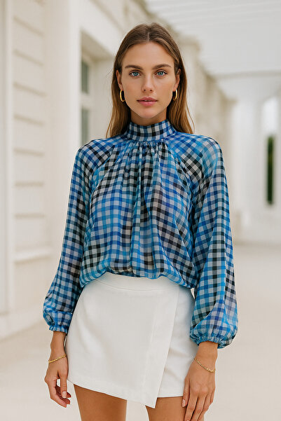 Rich Cămașă de damă din șifon albastru – Model cu model cu detaliu de eșarfă