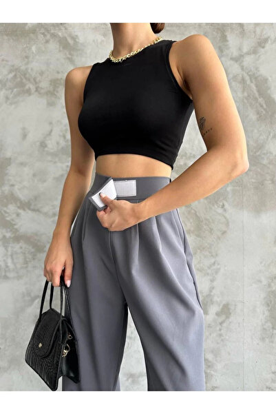 bysoca بنطلون نسائي رمادي اللون بخصر عالٍ وجيوب وشريط فيلكرو قابل للتعديل ومر...