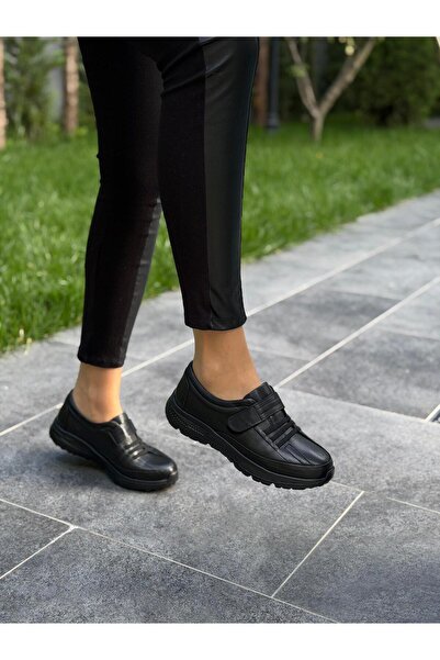 DİVA Μαύρα Δερμάτινο ελαστικά γυναικεία casual παπούτσια