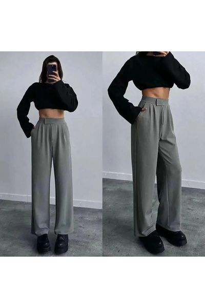 bysoca Pantaloni din țesătură Palazzo, antracit, cu talie înaltă buzunare, cu...