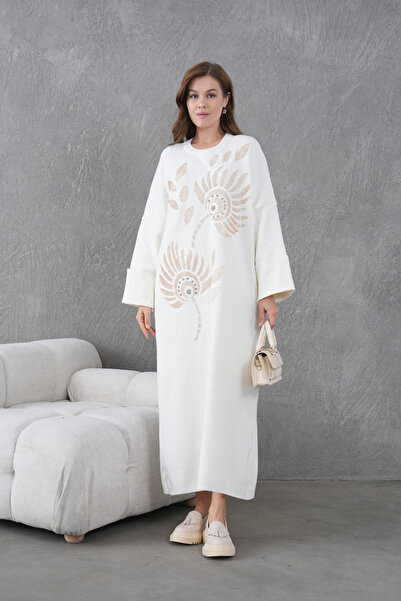 Miss Allos Women's Front Beaded Wide Fit Long Knitwear Dress