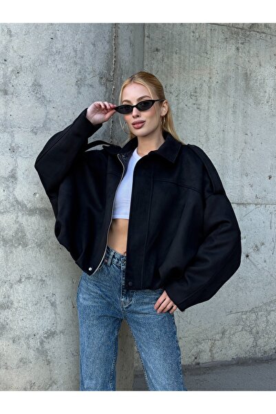 b buhari bykoc سترة قصة فضفاضة تريند بومبر من جلد الغزال