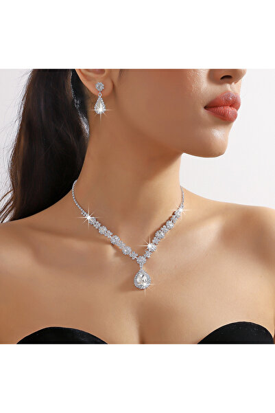 Choice ZT9102- طقم قلادة نسائية فضية اللون على شكل قطرات من الكريستال مع أقرا...