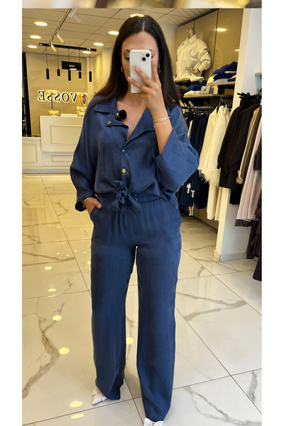 Vosse Moda İlgi İndigo Mono Yakalı Önden Bağlama Detaylı Takım