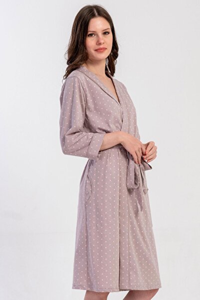 VİENETTA Women's Plus Size Light Brown Color Capri Sleeve Pocketed Belted Polka Dot Dressing Gown C5T1N0305