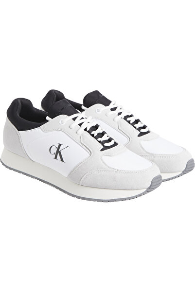 Calvin Klein Men Bright White/Oyster Mushroom/Black Retro Sock Runner Lace Up Sneakers