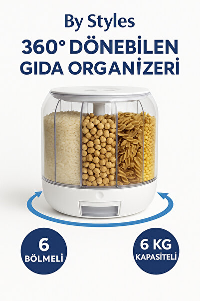 by styles 6 Bölmeli 360° Dönebilen Gıda Organizeri Premium – Hava Geçirmez, 6 kg Kapasiteli Saklama Kabı”