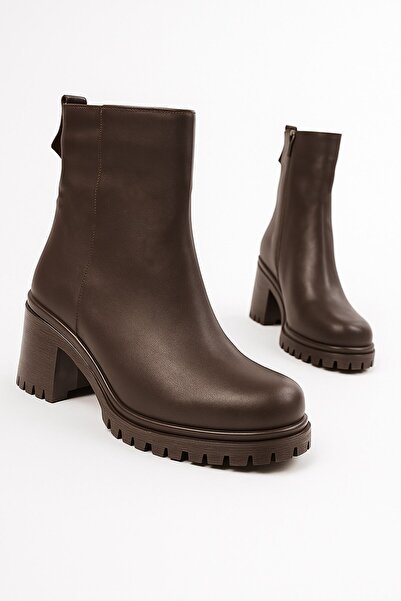 Nstil Günlük Kadın Kahverengi Bot Fermuarlı Kalın Yüksek Topuklu Traktör Taban Kürklü Astarlı Bootie 2401