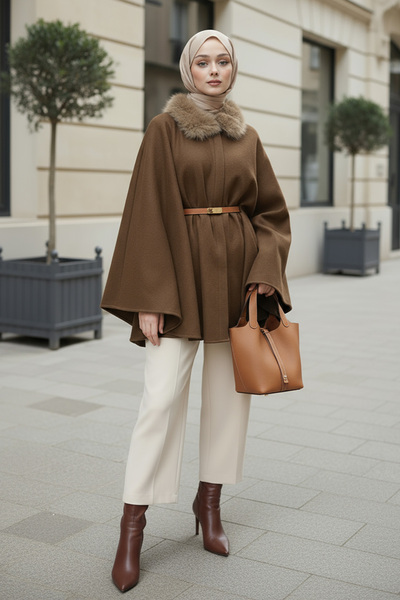 Salih Çelebi Kürk Yaka Kaşe Panço 81204 - KAHVERENGİ