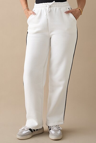 InStyle Pantaloni de sport albi cu picioare largi cu detaliu de intercalare
