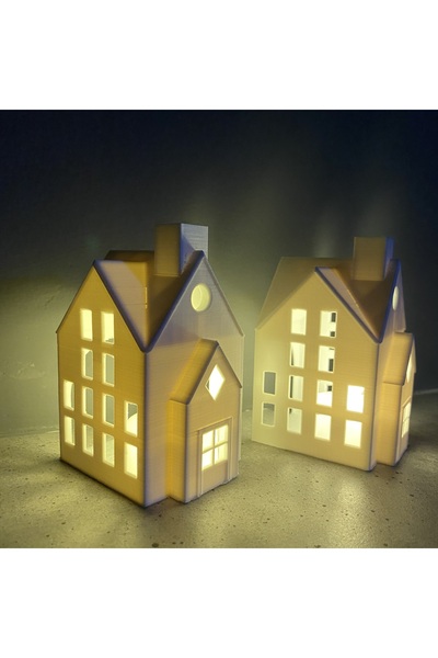 Root Made Kış Evleri 2li Set - Dekoratif Noel Evleri Plli Led Mumluk - Balkon Dekoru - Mum ve Tavşan Hediyeli