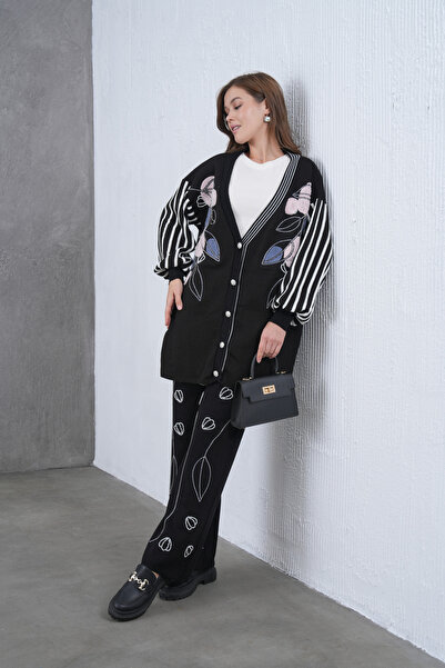 Miss Allos Women's Beaded Wide-Fit Knitwear Cardigan and Pants Bottom-Top Set