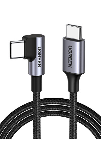 Ugreen USB-C 60W 3A QC PD 90 Derece Örgülü Hızlı Şarj Kalosu, 2 Metre, Siyah, 50125