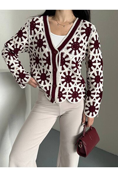 FioraWear Women's Patterned V-Neck Buttoned Cardigan