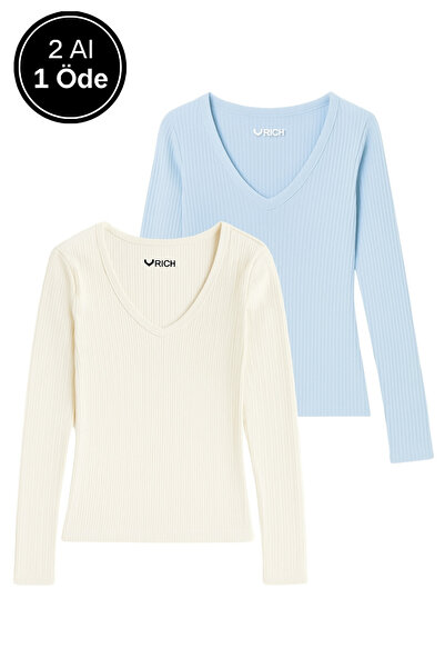 Rich Kadın 2'li Mavi-Beyaz Basic Paket Pamuklu Nefes Alabilen Kumaş - Vücudu Saran Uzun Kollu Bluz