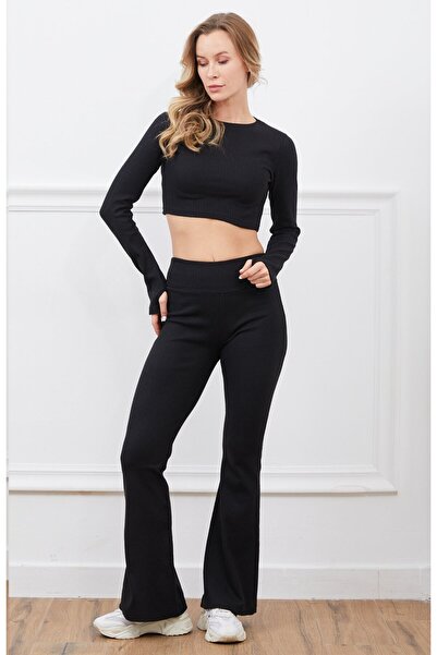 moda felinya Women's Black Color Crop Double Set with Tie-Up Detail at the Toes