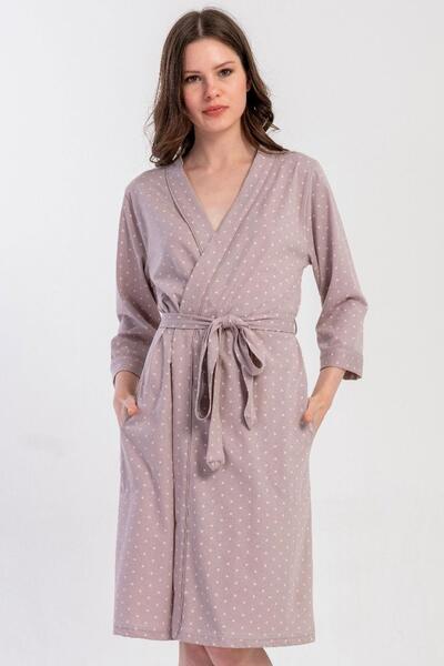 VİENETTA Women's Plus Size Light Brown Color Capri Sleeve Pocketed Belted Polka Dot Dressing Gown C5T1N0305