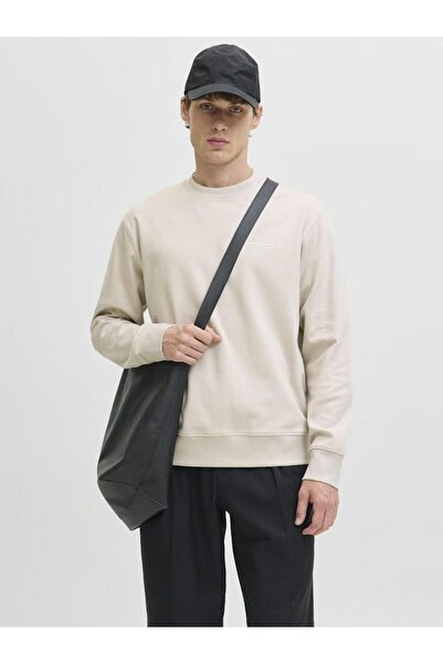 Jack & Jones Erkek Bej2 Jprblachad Branding Sweat Crew Neck Ln Sweatshirt 12261386-Silverlin