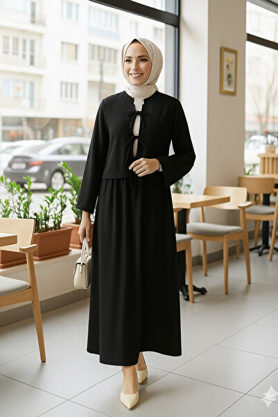 ECEYLÜL MODA Black Hijab Skirt Suit, Tie-Up Short Jacket and Long Skirt Two-Piece Set, Stylish Casual New Season