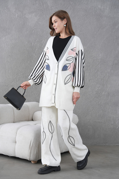 Miss Allos Women's Beaded Wide-Fit Knitwear Cardigan and Pants Bottom-Top Set