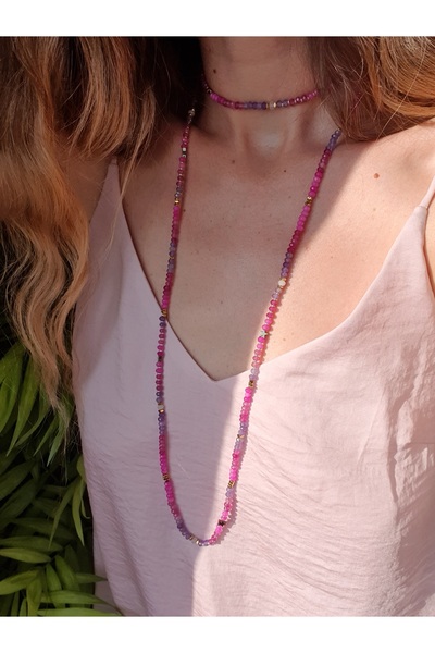 Abundo Madness no2 necklace made of jade, hematite and 925 silver plated with 14k gold, 123 cm