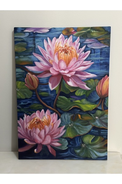 Creative Box Mavi Göl pembe Lotus çiçeği ve yeşil yapraklı, manzaralı yağlı b...