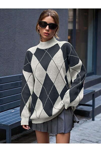 Dier Moda Women's Dark Gray Argyle Pattern Mock Neck Knitwear Sweater, Knitwear Sweater Fmoda6100