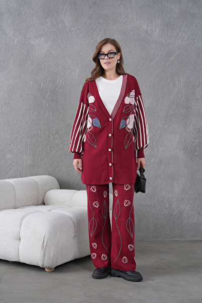 Miss Allos Women's Beaded Wide-Fit Knitwear Cardigan and Pants Bottom-Top Set