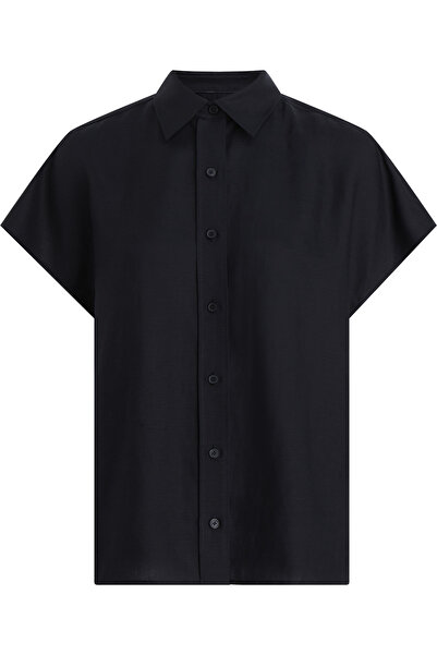 Calvin Klein Women Black Linen Blend Short Sleeve Shirt