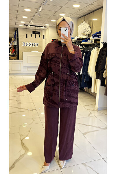 Vosse Tığ Triko Bordo Beli Büzgülü İpek Qupra Takım