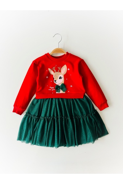 COLORED BABY Girl's Deer Printed Lined Tulle Skirt Christmas New Year Themed Red Dress