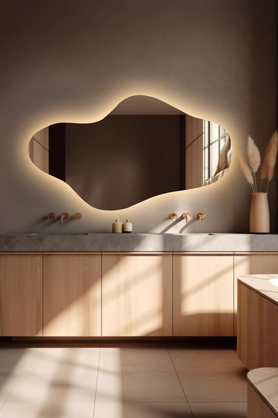 Fawdecor Asimetrik LED Aydınlatmalı Dekoratif Duvar Banyo Hol Salon Aynası