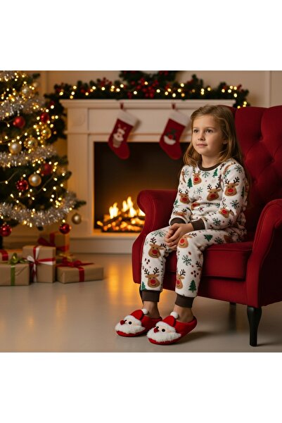 OEM Papuci de casa pufosi si caldurosi pentru copii, cu motive Craciun, C113
