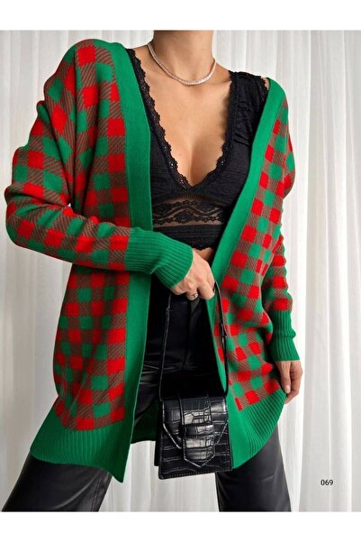 vuvutasarım New Season Plaid Patterned Double Color Knitwear Women's Long Cardigan 069