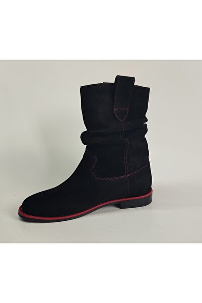 Lucciola Women's Genuine Leather Black Suede Bellows Boots with Sole and Stit...