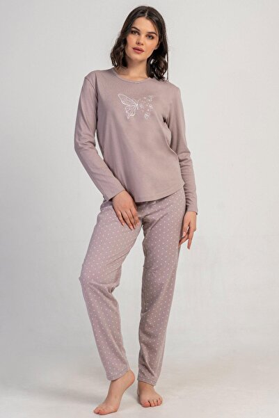 VİENETTA Women's Plus Size Light Brown Color Long Sleeve Crew Neck Patterned Pajama Set C0T1N0305